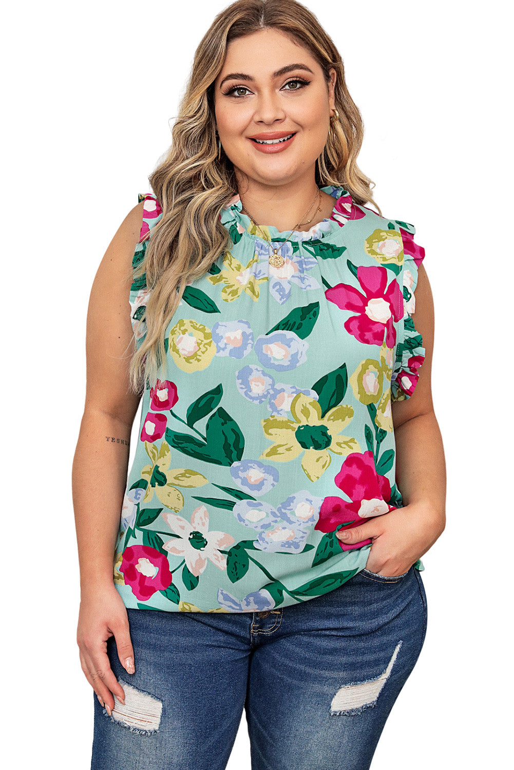 Multicolor Plus Size Floral Print Ruffle Trim Tank Top