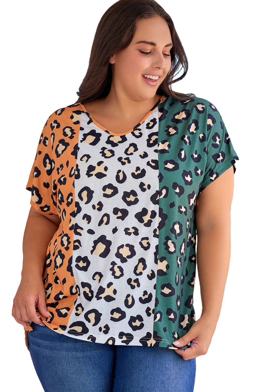 Yellow Plus Size Leopard Print Contrast T-Shirt