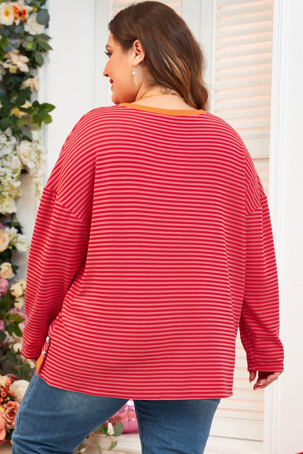 Orange Stripe Plus Size Drop Shoulder Long Sleeve Buttoned Decor Top