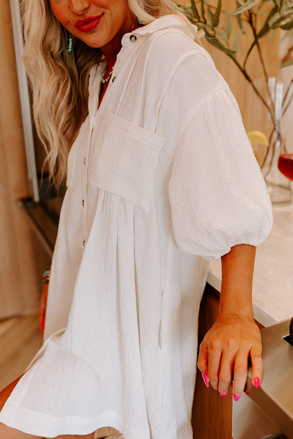 White Half Puff Sleeve Buttoned Shirt Mini Dress