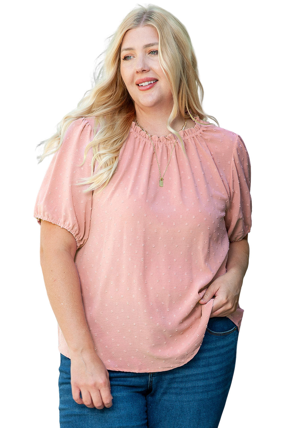 Pink Plus Size Swiss Dot Puff Sleeves Top