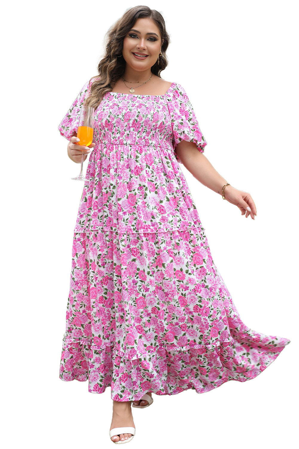 Pink Plus Size Floral Print Smocked Puff Sleeve Dress