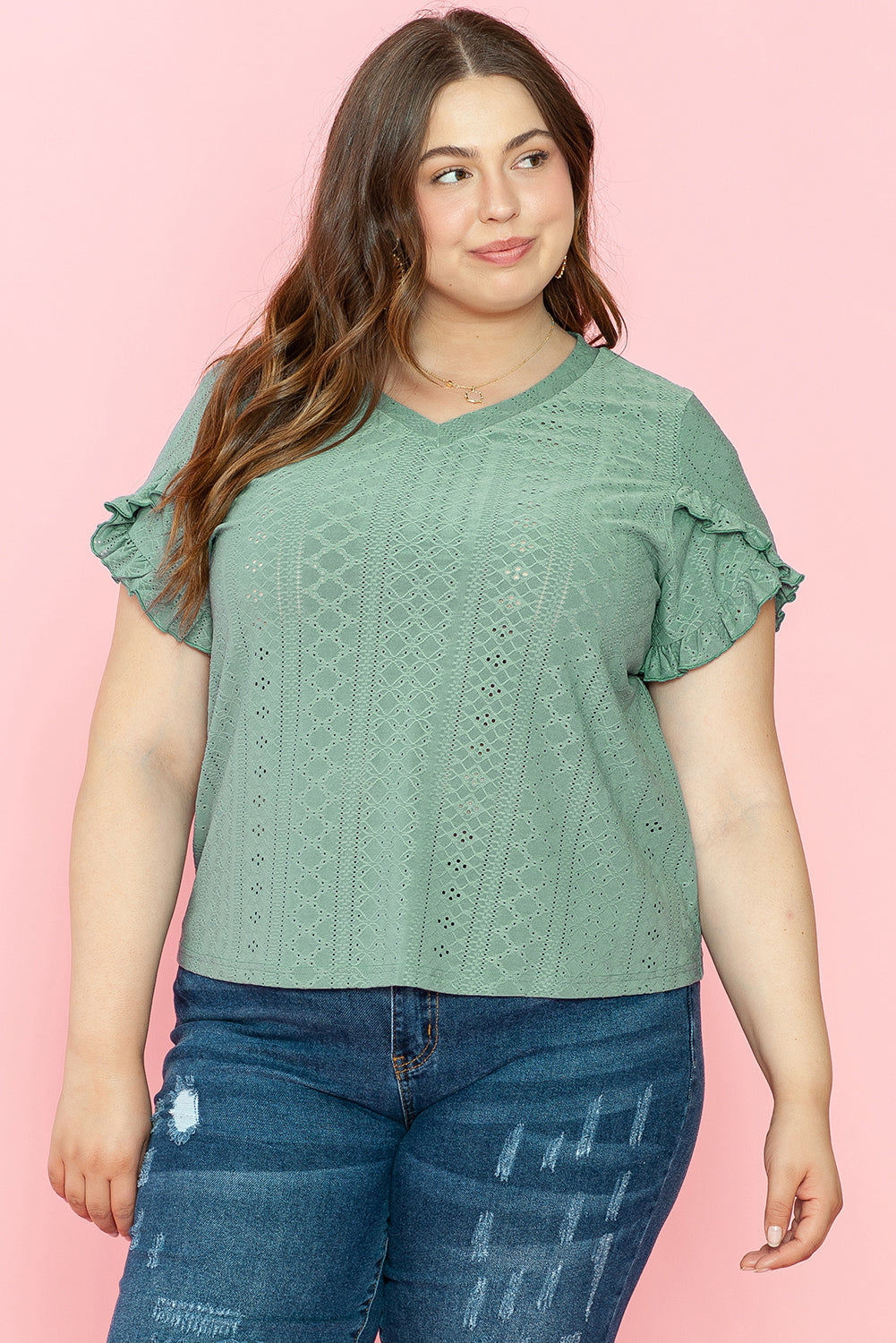 Laurel Green Petal Sleeve Jacquard V Neck Curvy Blouse