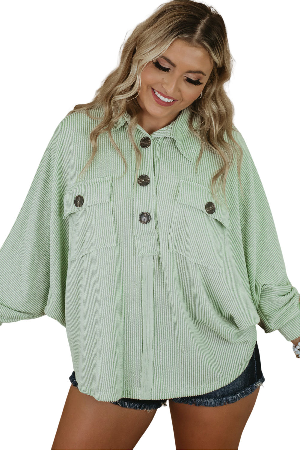 Green Plus Size Ribbed Pocketed Long Sleeve Henley Top