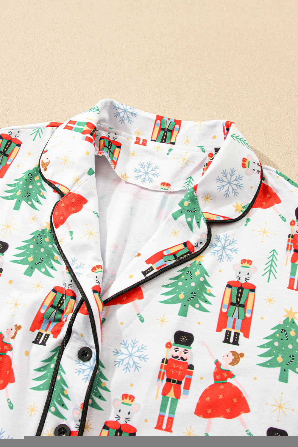 White Printed Christmas Pattern Buttoned Two Piece Sleepwear