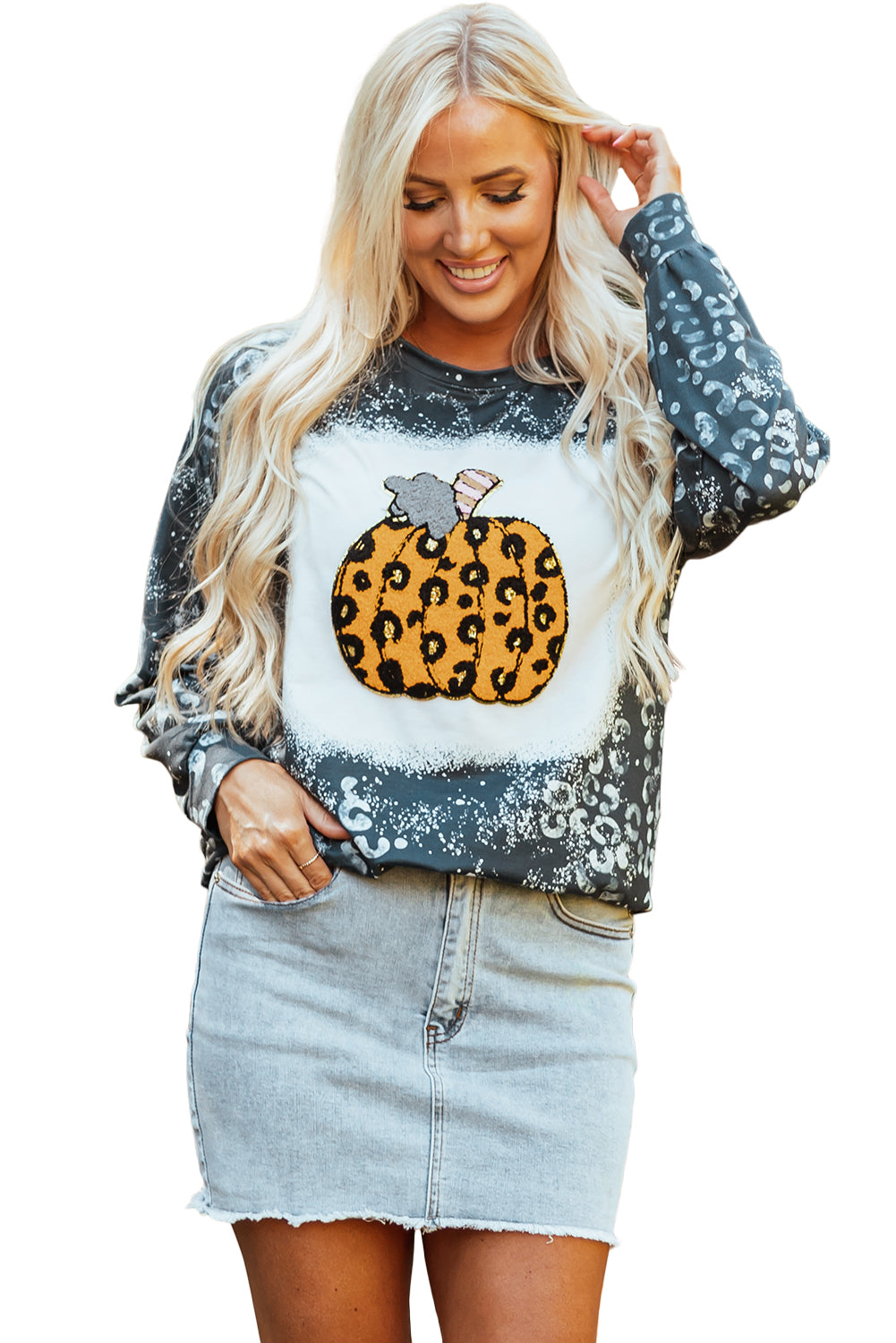 Blue Leopard Pumpkin Ink Plash Printed Halloween Sweatshirt