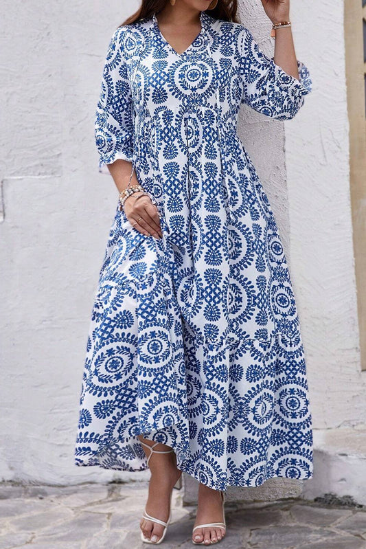 Sky Blue Geometric Print Lace-up Notch Neck Plus Size Maxi Dress