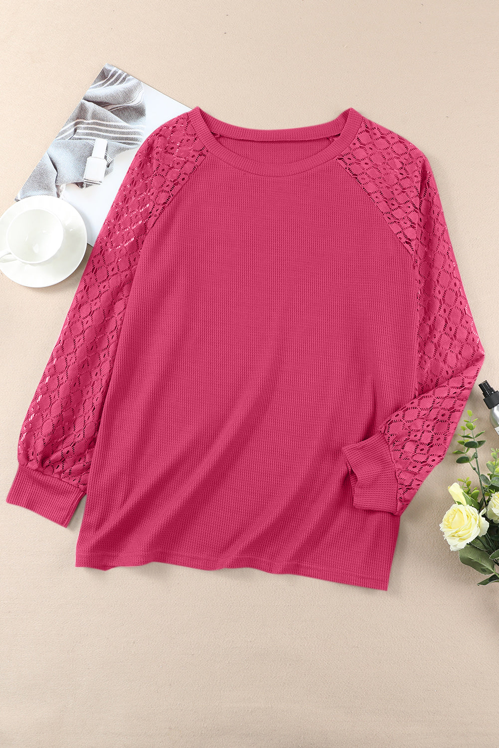 Strawberry Pink Plus Size Contrast Lace Sleeve Waffle Knit Top