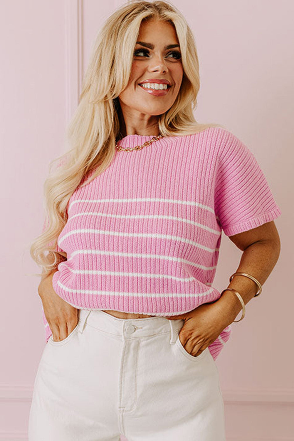 Pink Stripe Ribbed Loose Plus T Shirt