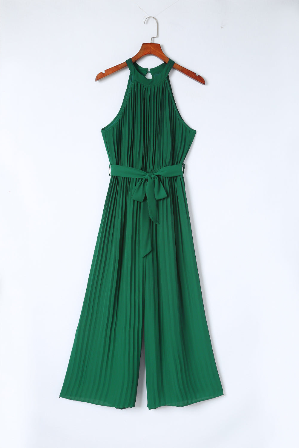 Green Halter Neck Pleated Wide Leg Jumpsuit with Belt