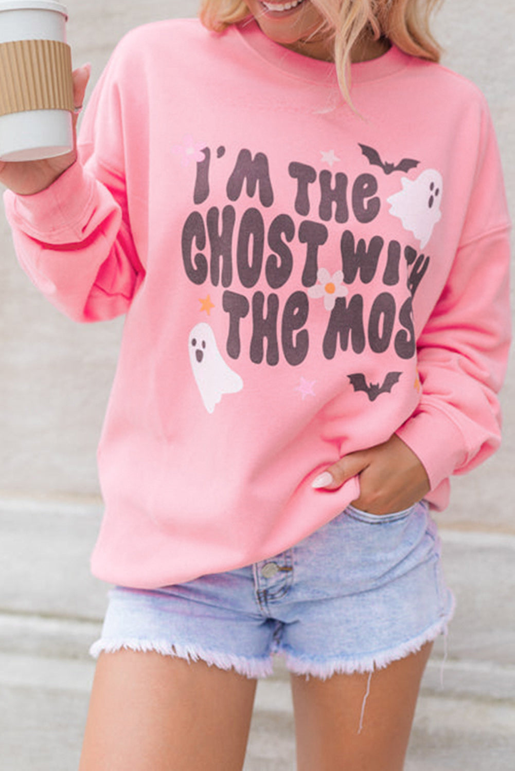 Pink Halloween Slogan Ghost Bat Graphic Drop Shoulder Sweatshirt