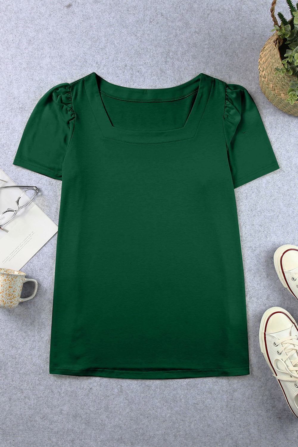 Green Plus Size Square Neck Ruched Shoulder Short Sleeve Top