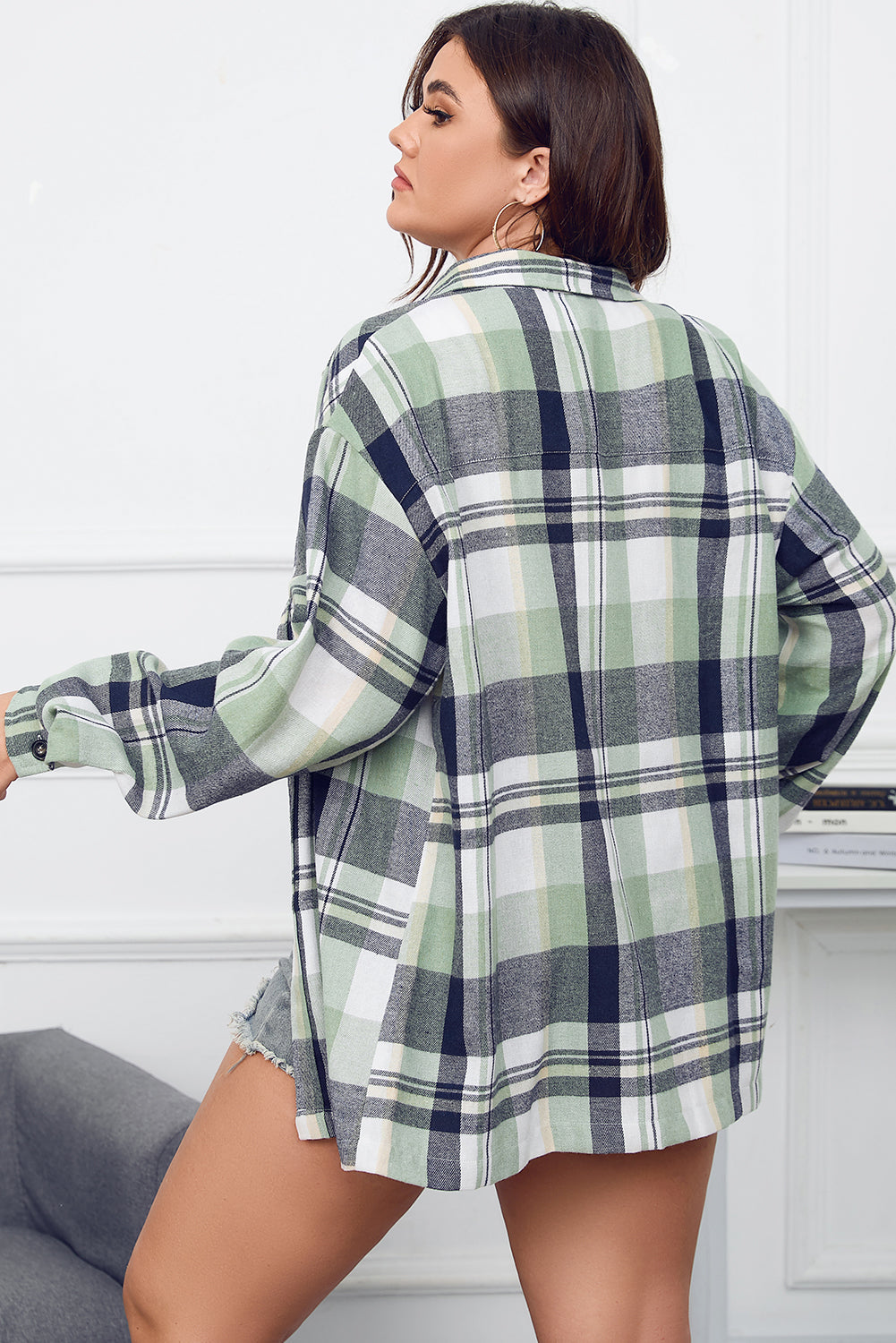 Green Printed Plus Size Chest Pocket Plaid Shirt