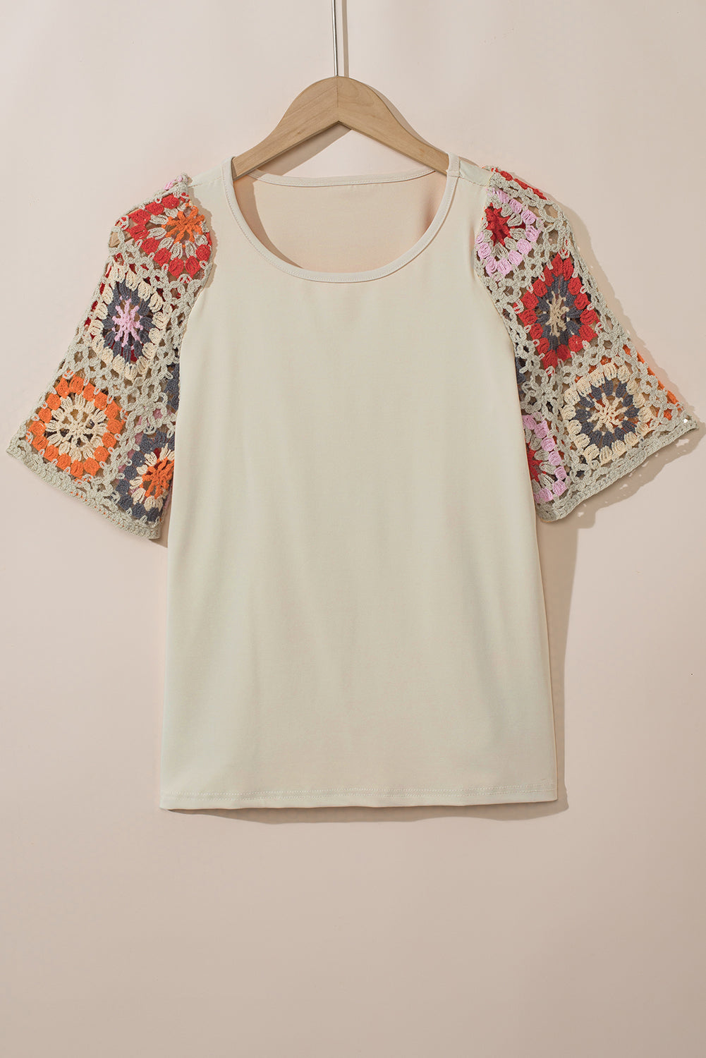 Parchment Floral Crochet Short Sleeve Top