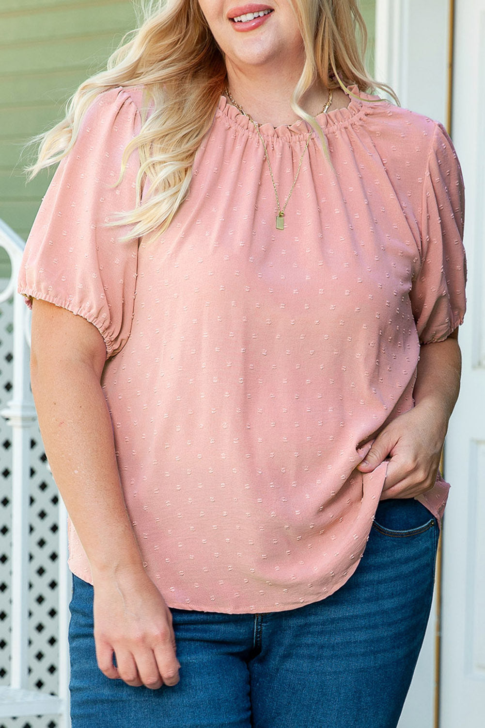 Pink Plus Size Swiss Dot Puff Sleeves Top