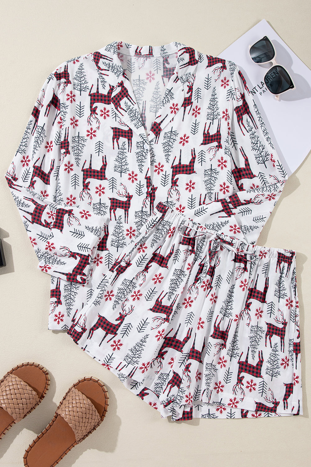 White Christmas Deer Printed Shirt and Shorts Lounge Set