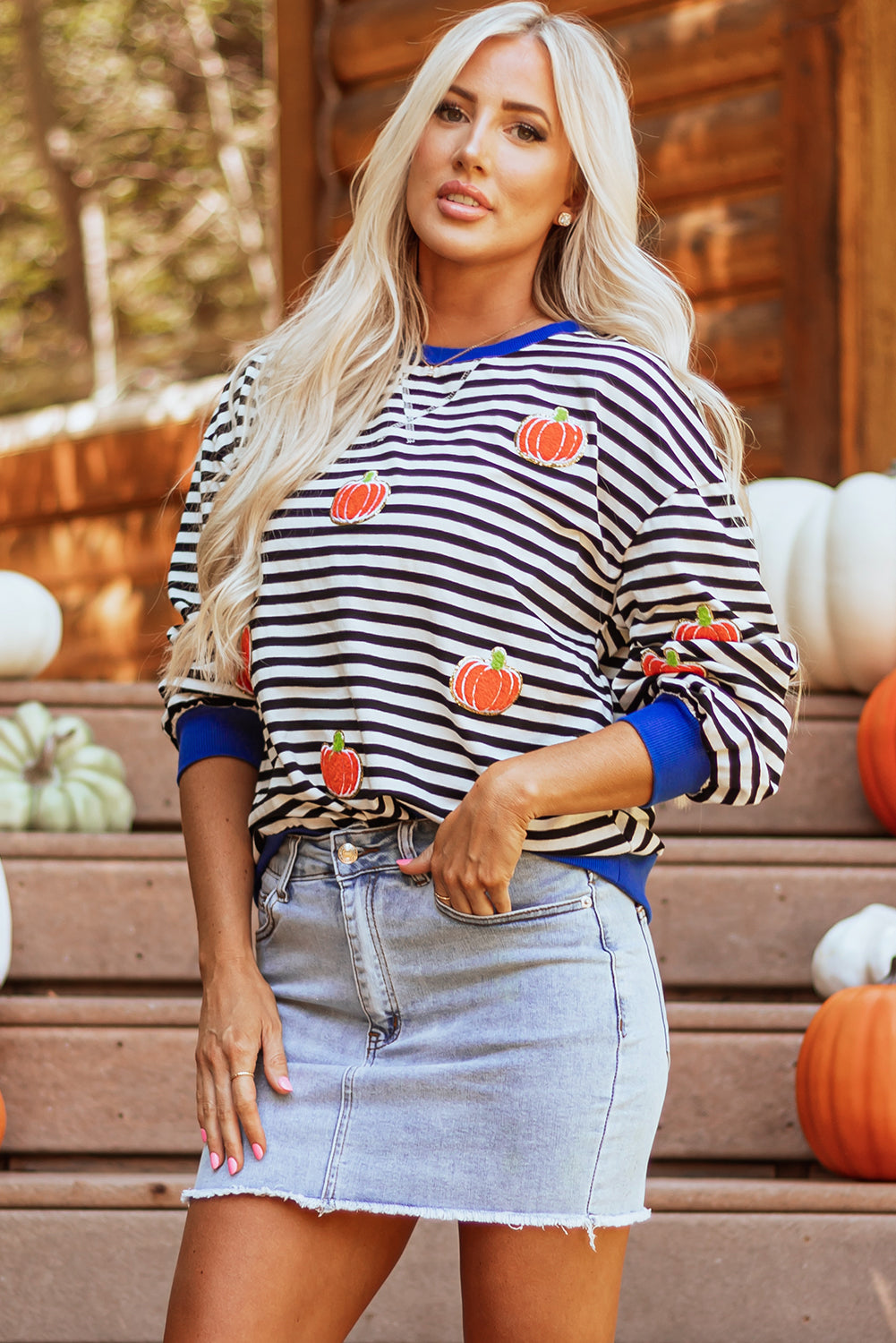 Black Stripe Glitter Halloween Pumpkin Print Oversized Sweatshirt