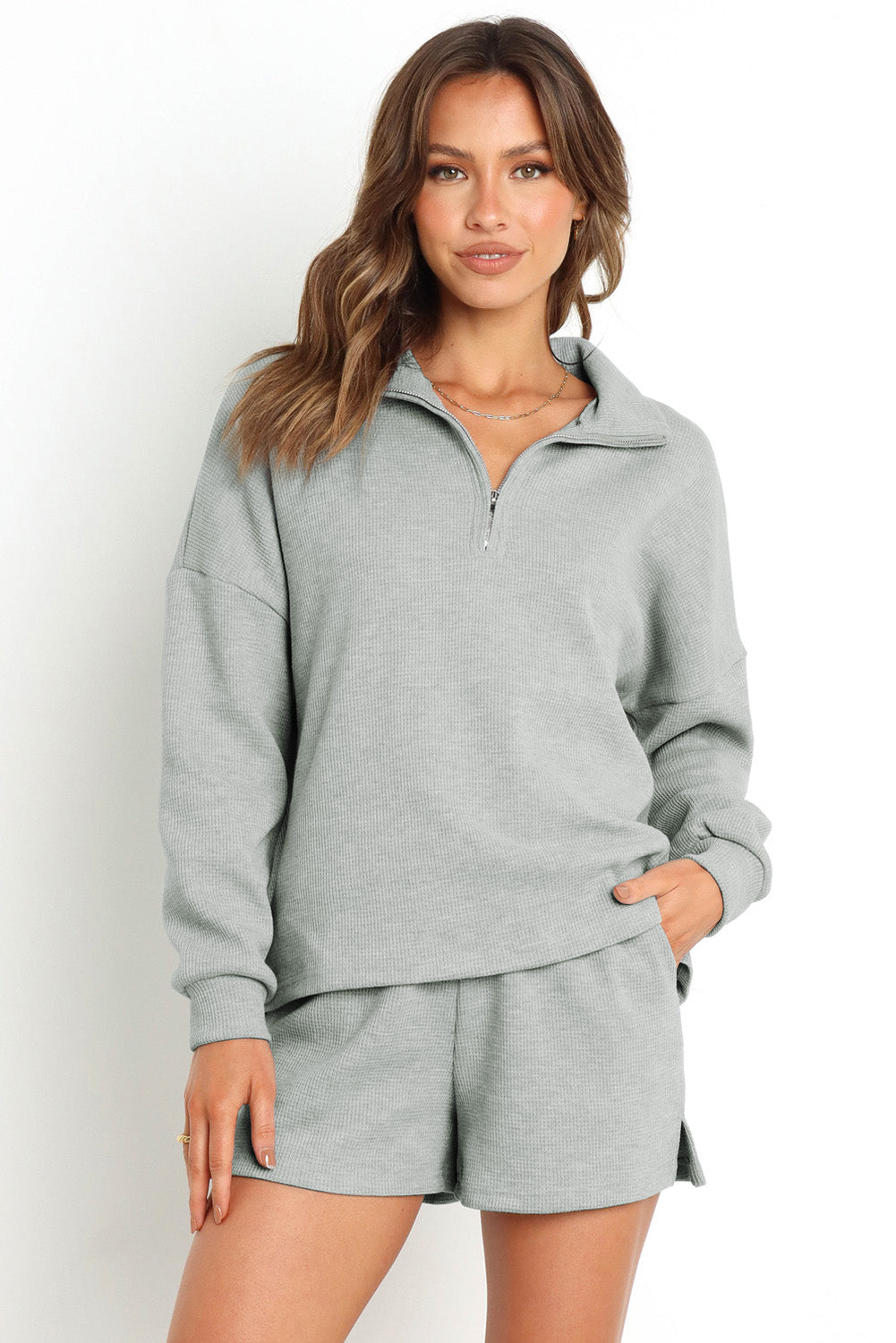 Gray Ribbed Zipper Sweatshirt and High Waist Shorts Set