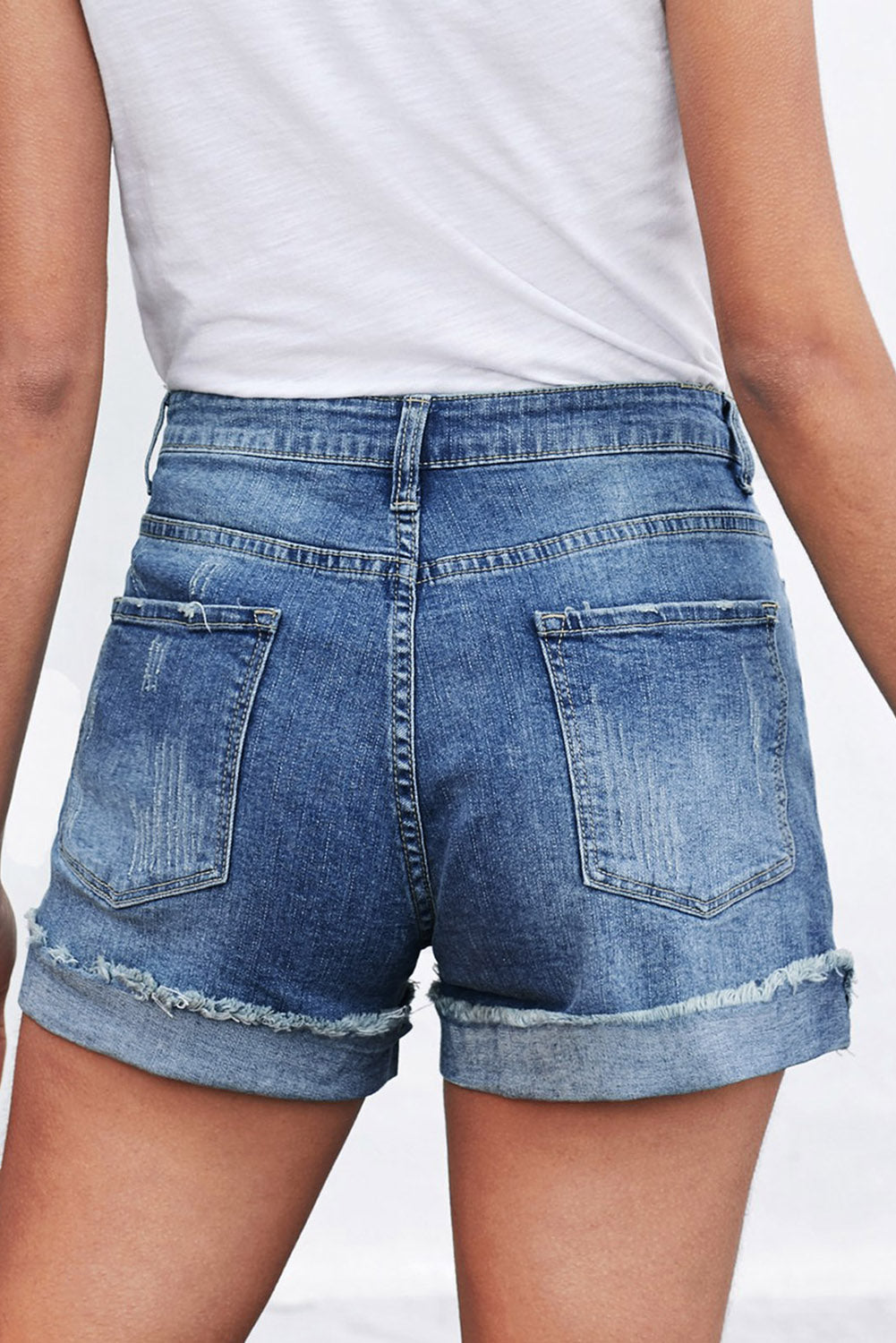 Plaid Patchwork Rolled Hem Denim Shorts