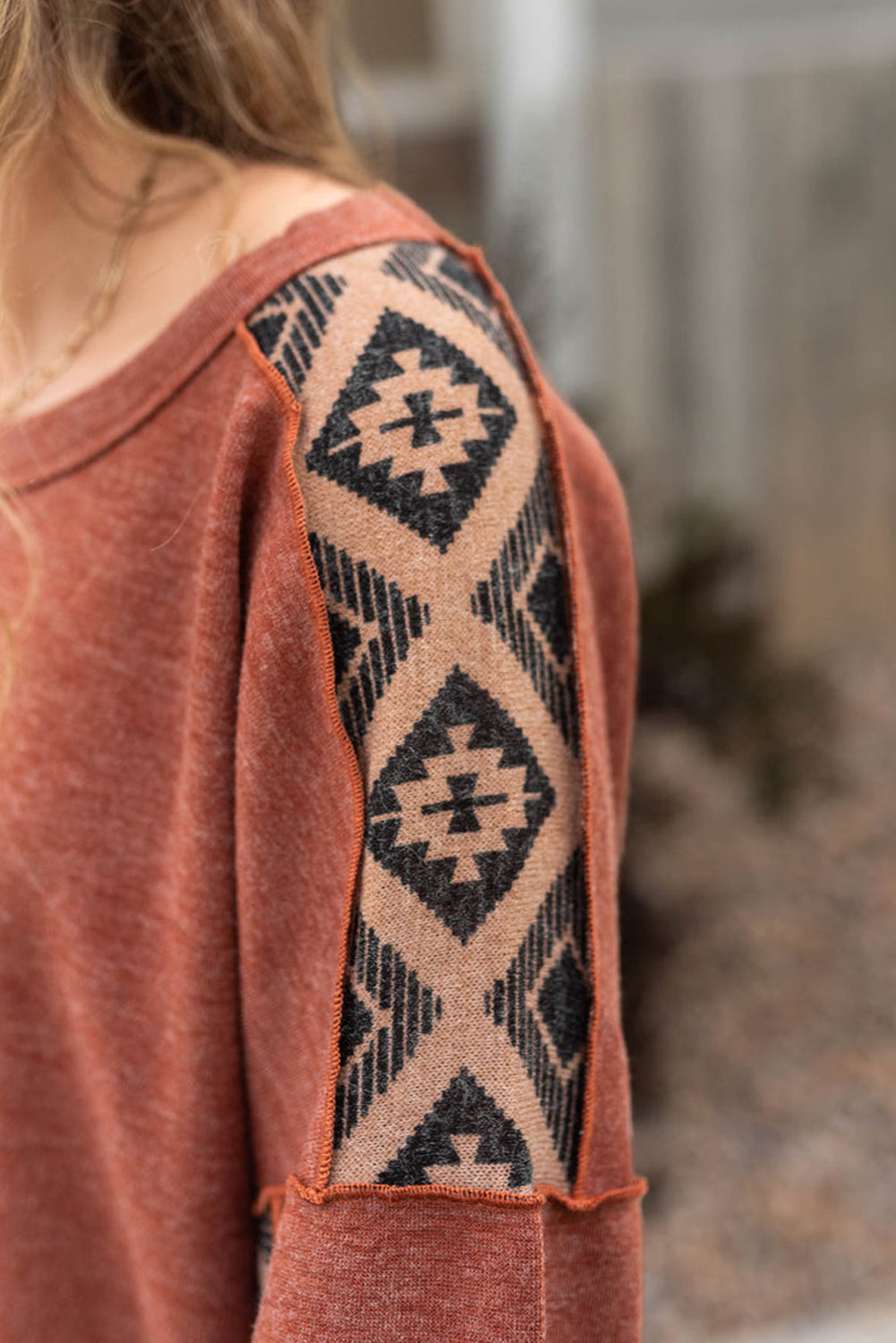 Chestnut Exposed Seam Aztec Patchwork Baggy Top