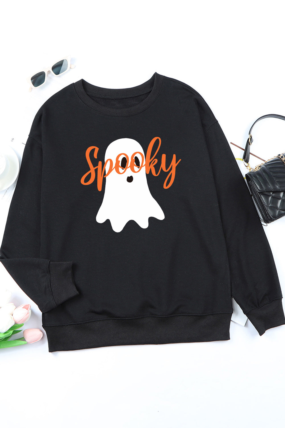 Black Halloween Spooky Ghost Print Crewneck Pullover Sweatshirt