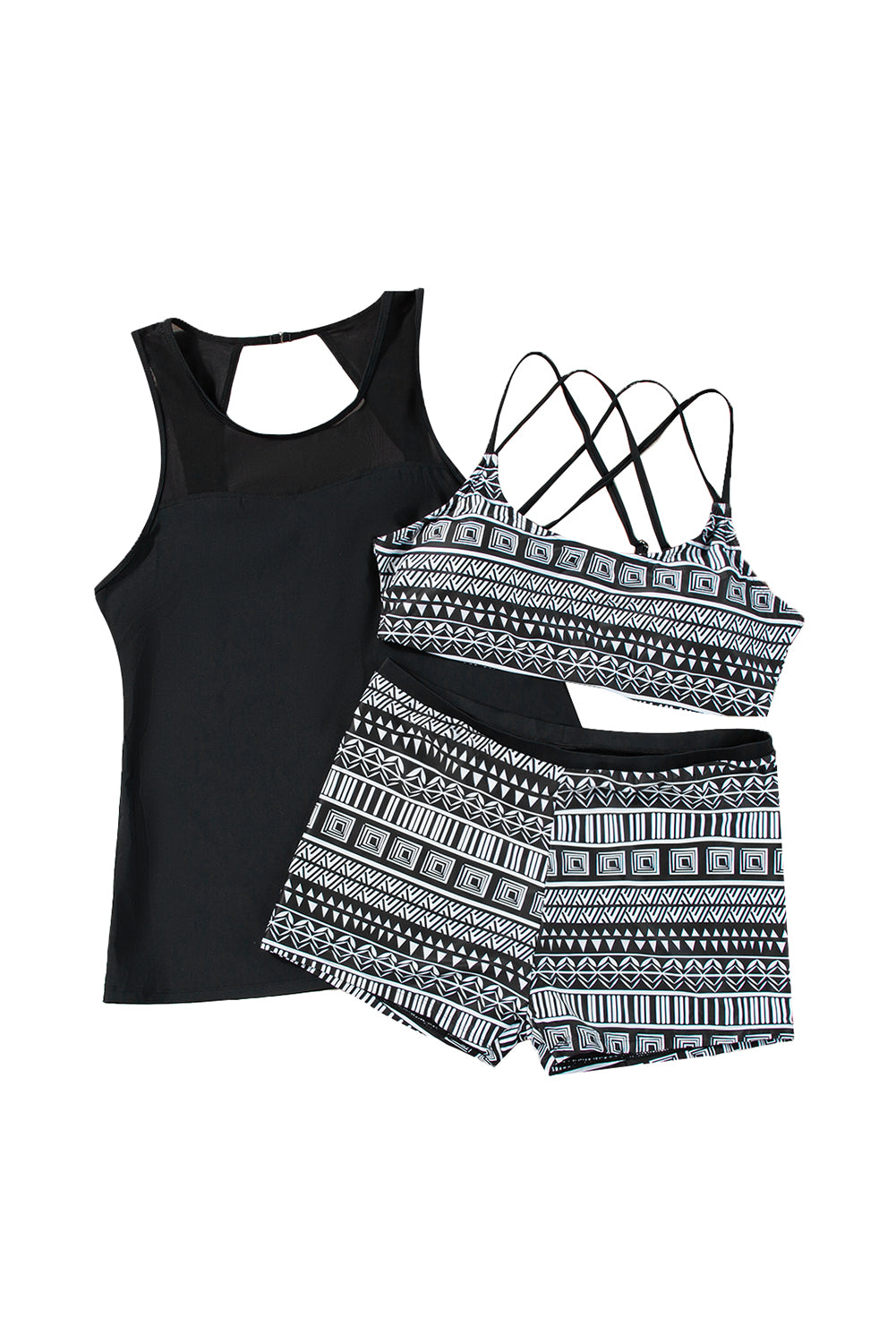 Black 3pcs Mesh Cutout Print Tankini Swimsuit