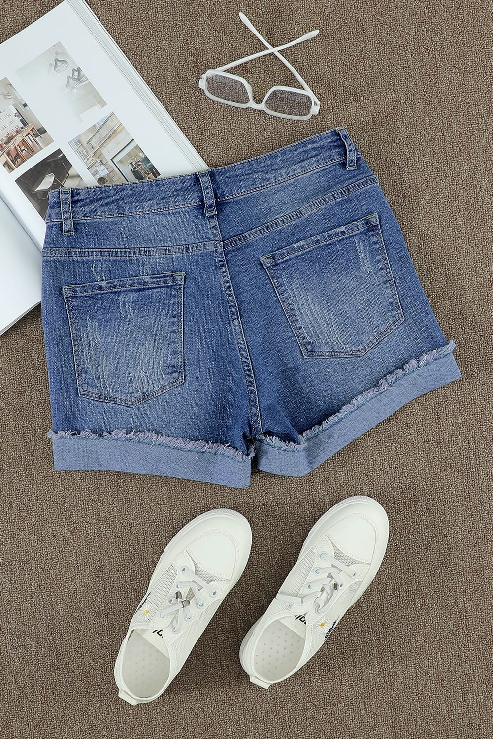 Plaid Patchwork Rolled Hem Denim Shorts