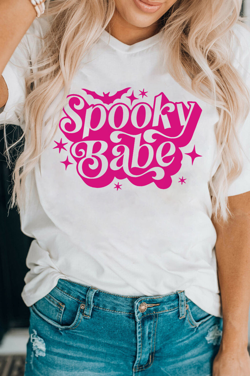 White Spooky Babe Bat Print Halloween Crewneck T Shirt