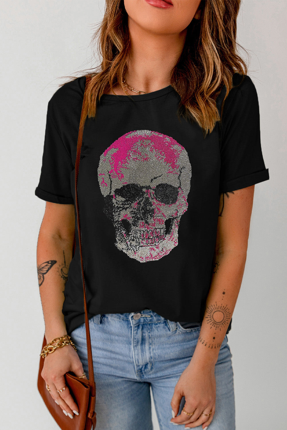 Black Rhinestone Skull Graphic Crewneck T Shirt