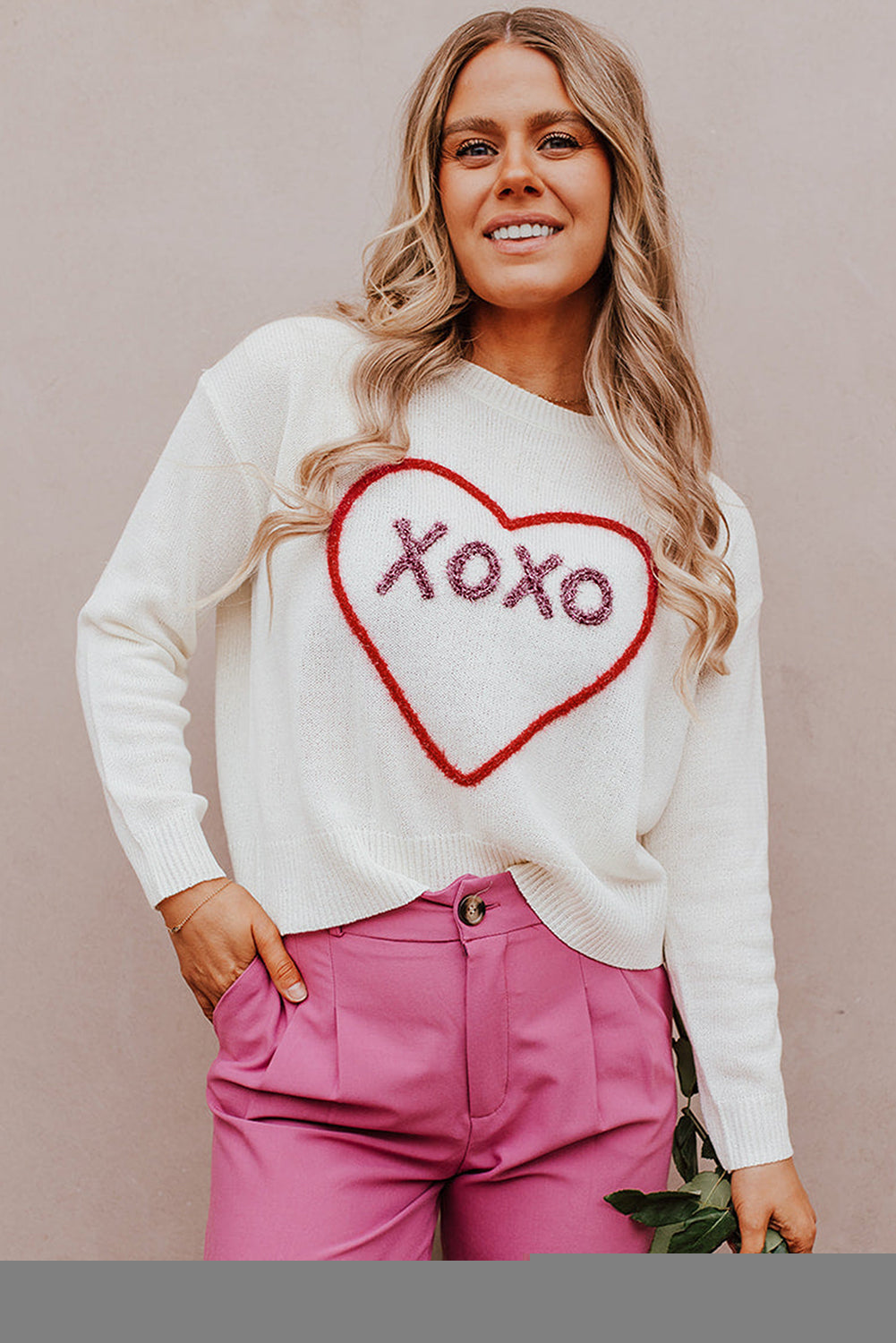 White Heart XOXO Pattern Drop Shoulder Rib Knit Sweater