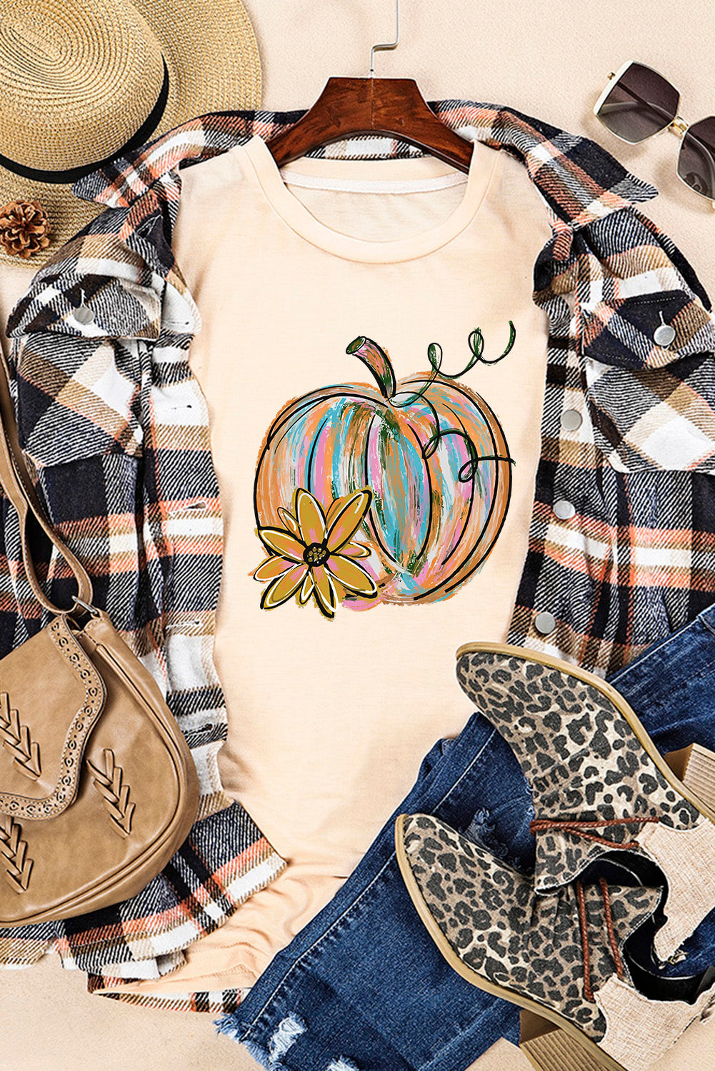 Khaki Pumpkin with Flower Graphic T Shirt