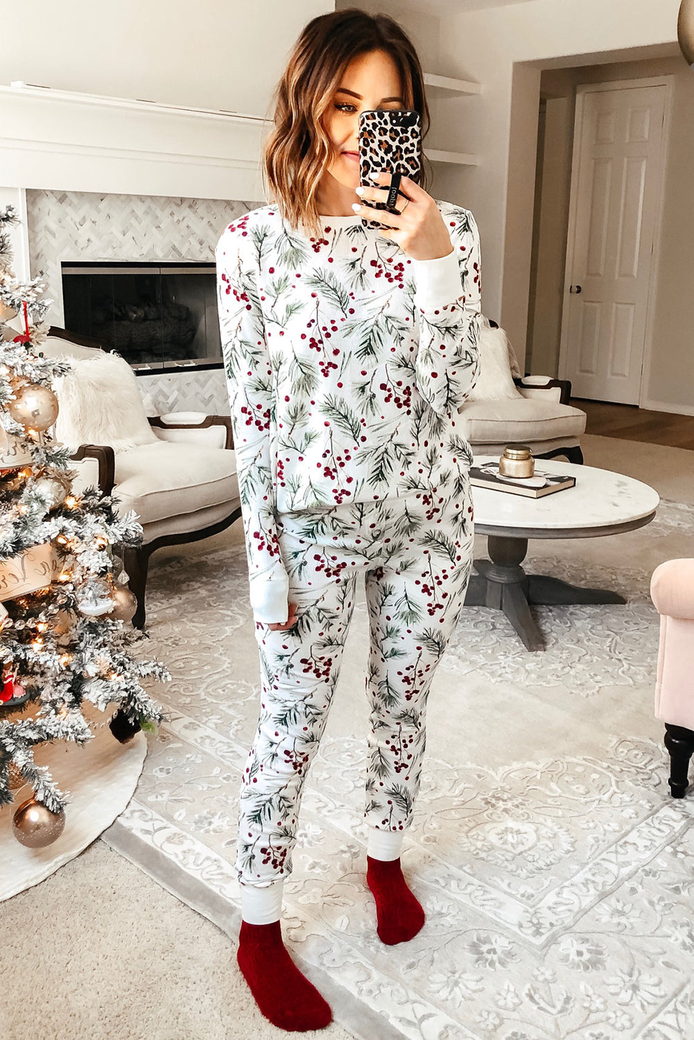 White Holly Print Thermal Pullover Pants Lounge Set