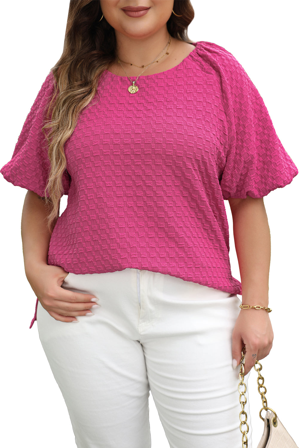 Coral Paradise Solid Textured Bubble Sleeve Plus Size Blouse