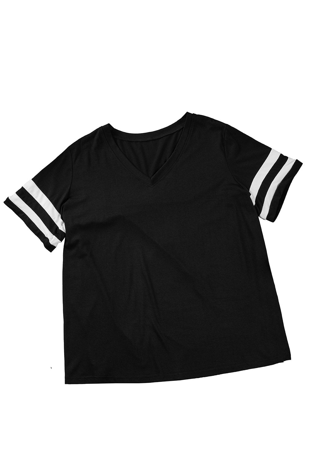 Black Plus Size Stripes Stitching Sleeve V Neck T-shirt