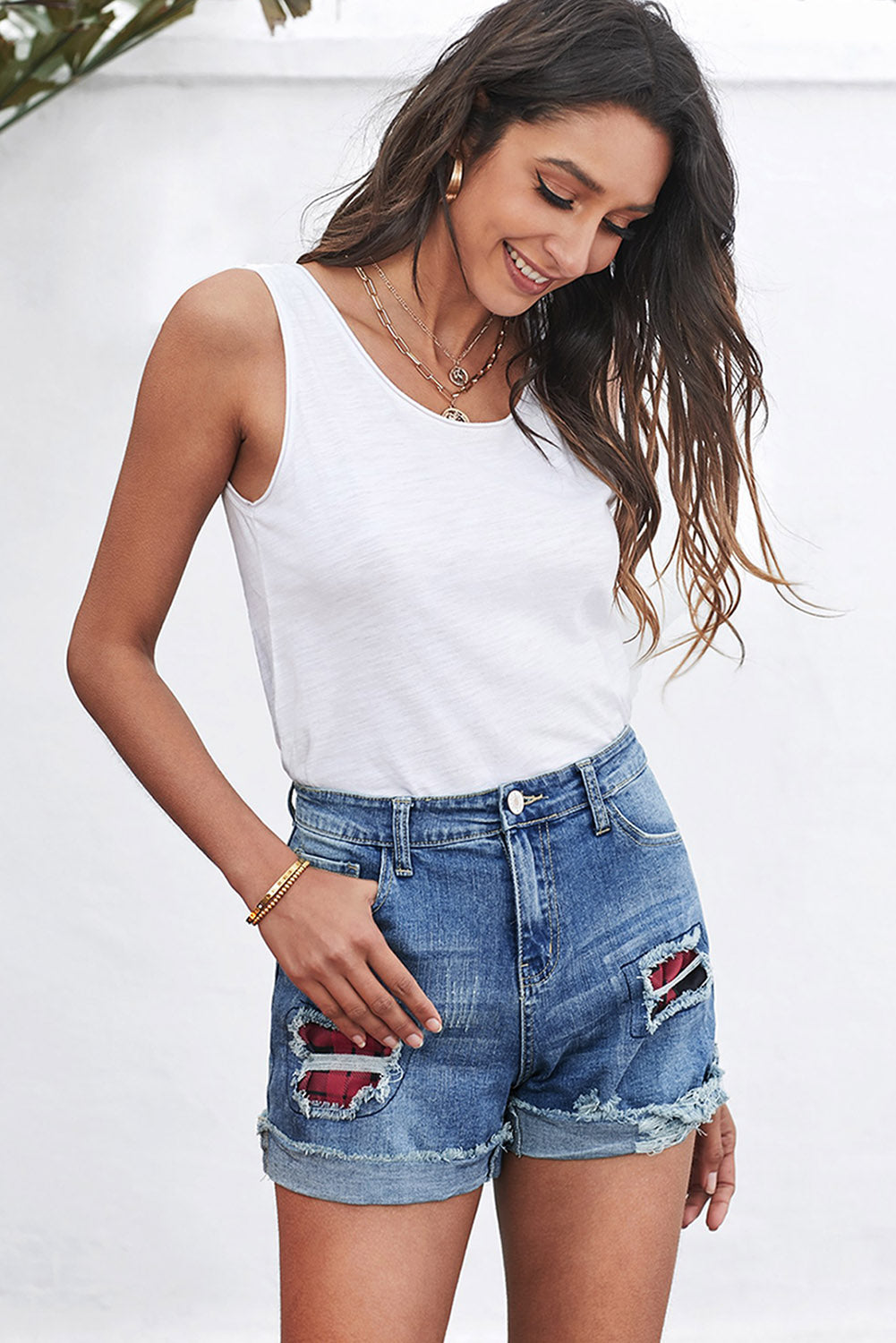 Plaid Patchwork Rolled Hem Denim Shorts