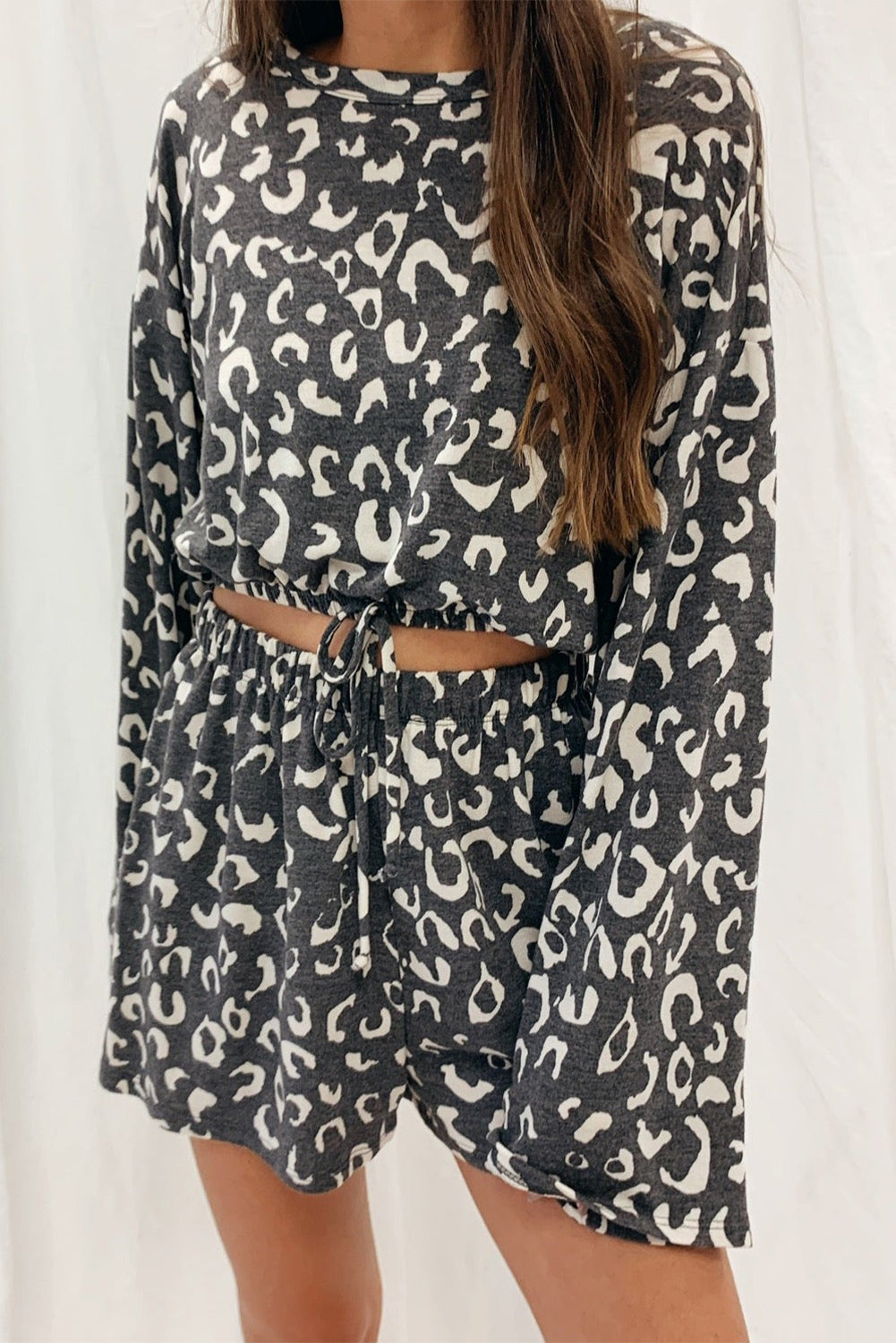 Gray Animal Print Long Sleeves Pullover and Shorts Lounge Set