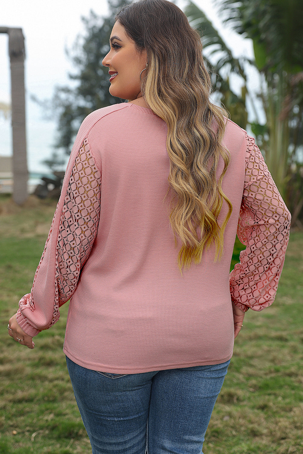 Apricot Pink Plus Size Contrast Lace Sleeve Textured Knit Top