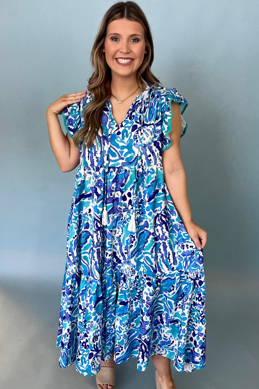 Sky Blue Plus Abstract Print Split Neck Ruffled Sleeve Tiered Long Dress