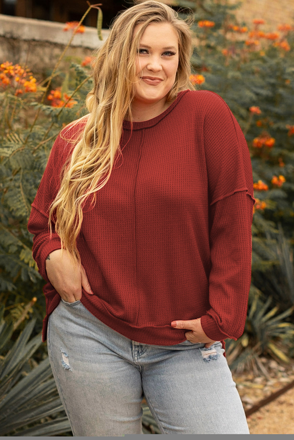 Gold Flame Exposed Seam Detail Waffle Knit Plus Size Top