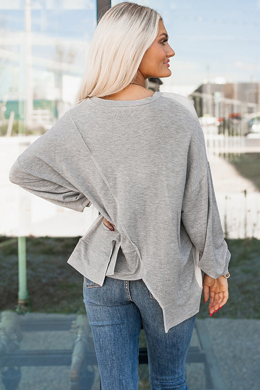 Khaki Colorblock Stitching Irregular Hem Long Sleeve Top