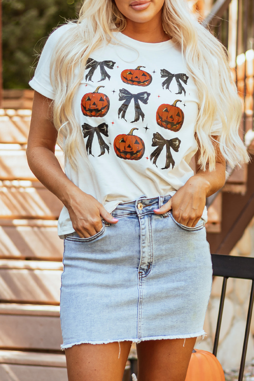 White Halloween Pumpkin Face Bowknot Graphic T Shirt