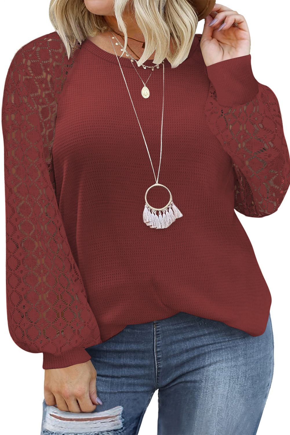 Red Plus Size Contrast Lace Sleeve Waffle Knit Top