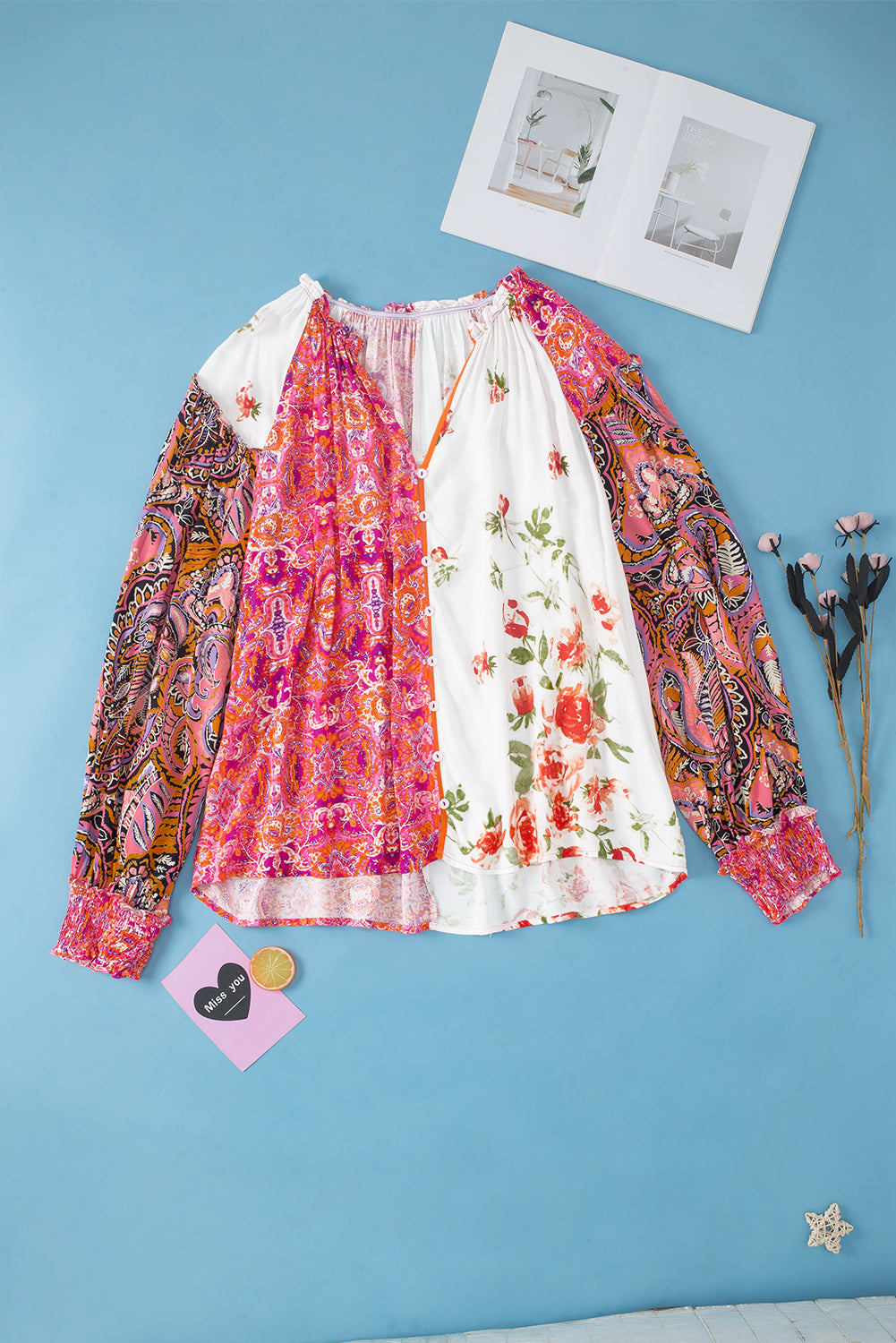 Pink Multicolor Floral Patchwork Shirred Cuffs Buttoned Blouse