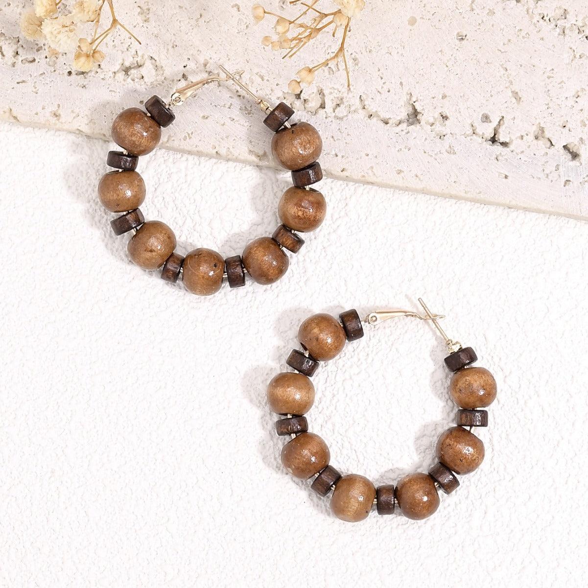 Korean Style Retro Graceful Personality High-grade Round Wooden Wooden Bead Beaded Ear Ring