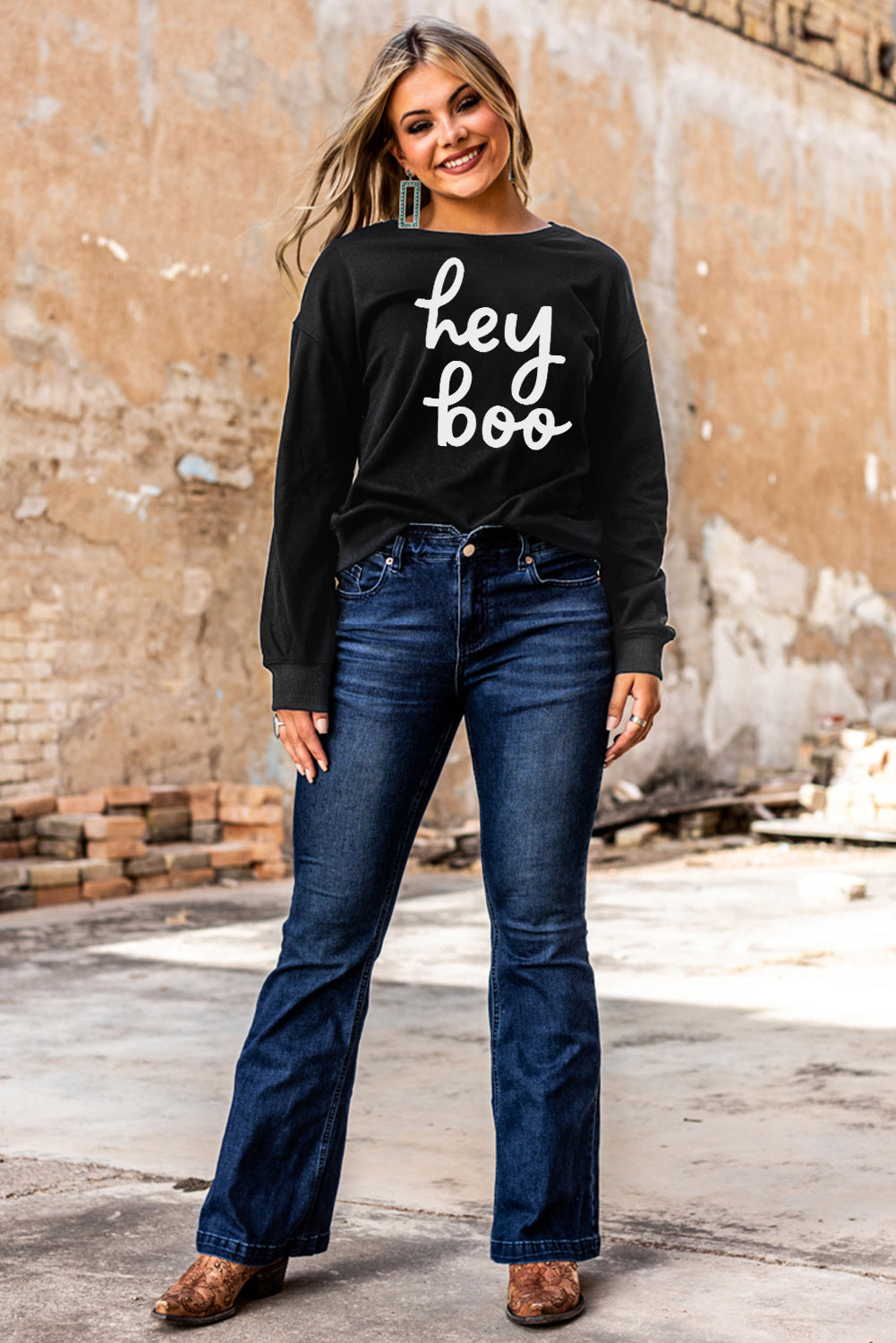 Black Hey Boo Letter Print Long Sleeve Pullover Sweatshirt