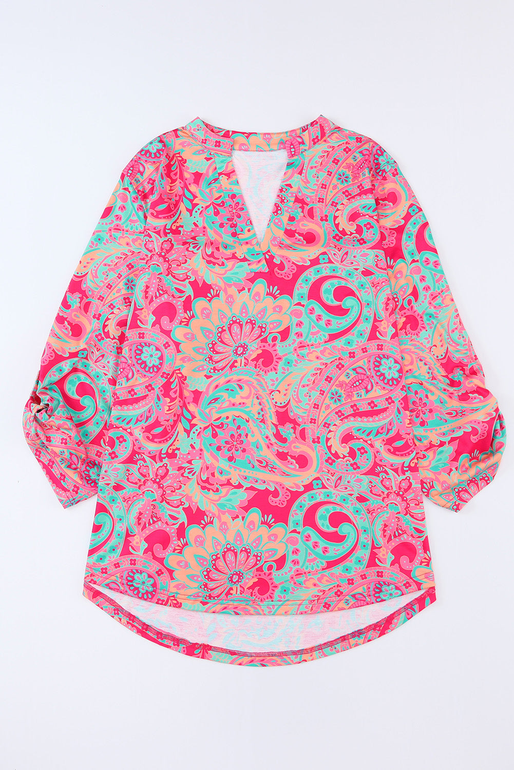 Rose Plus Size Paisley Print V Neck Roll Tab Sleeve Blouse