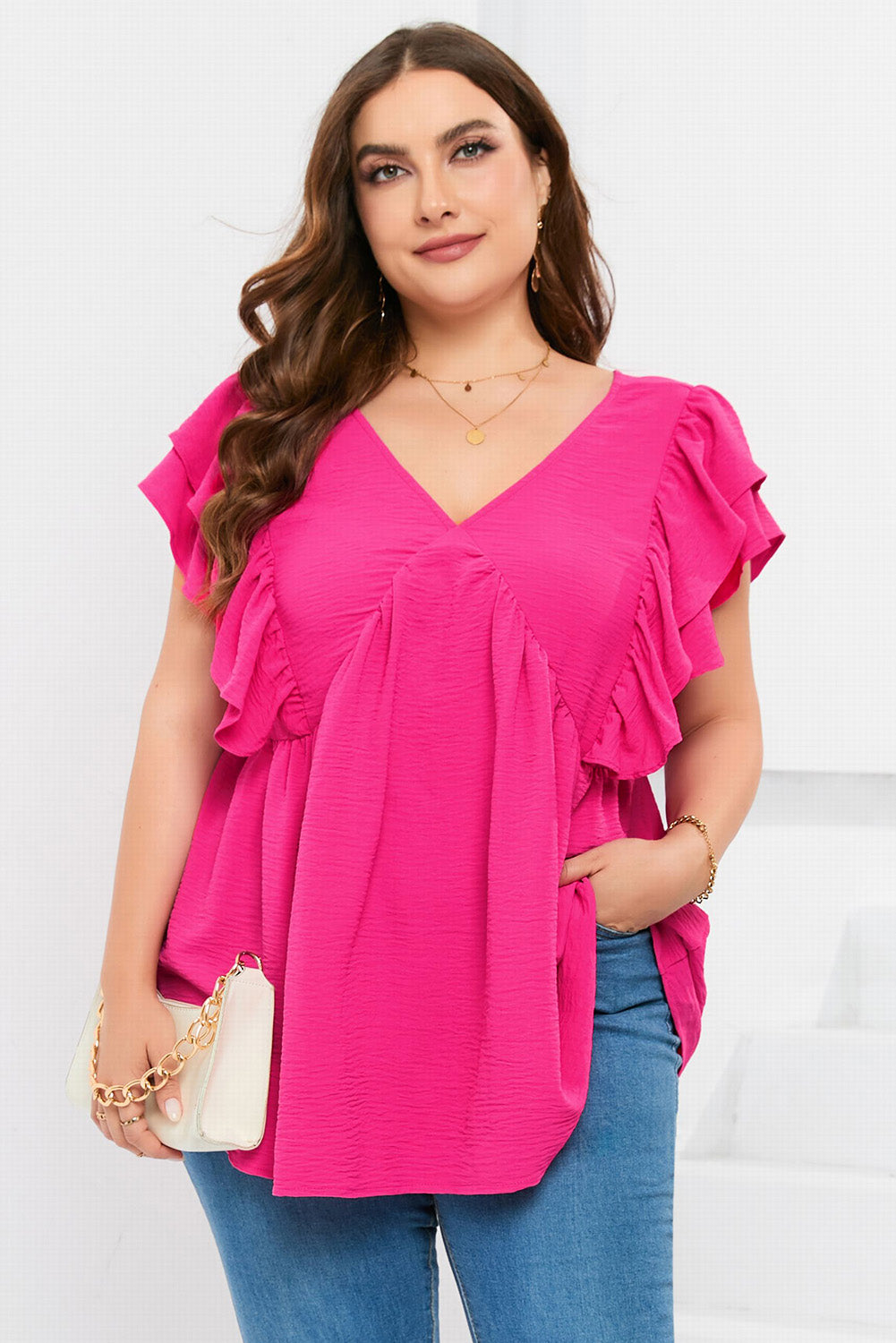 Plus Size Ruffle V Neck Tie Back Tunic Top