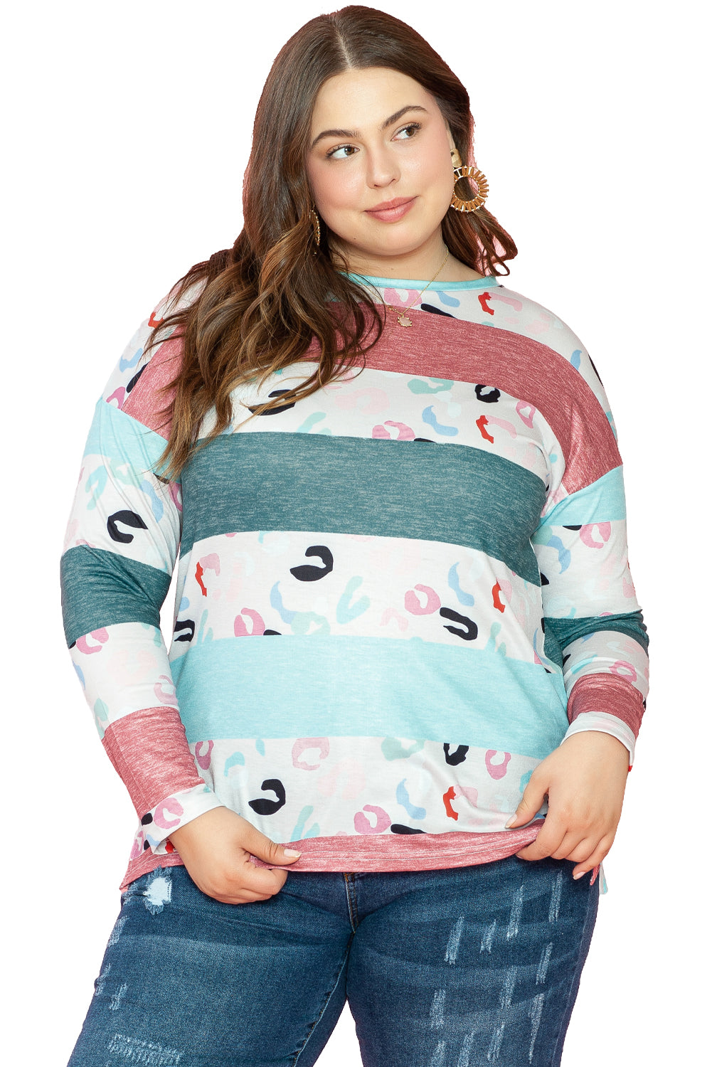 Sky Blue Stripe Plus Size Colorblock Pullover Top