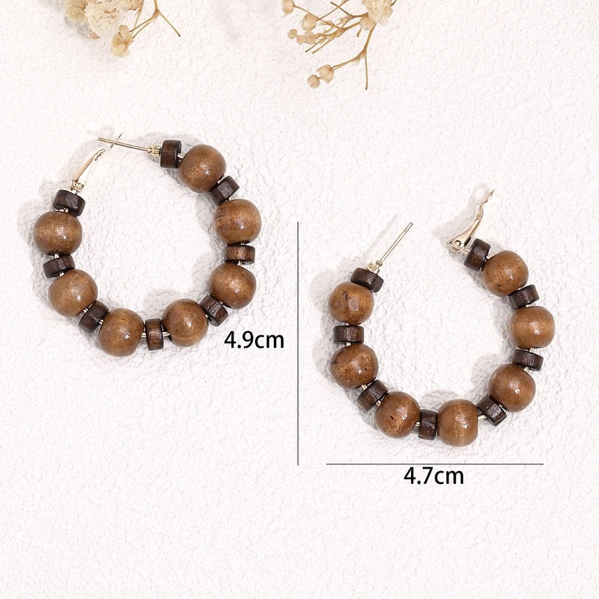 Korean Style Retro Graceful Personality High-grade Round Wooden Wooden Bead Beaded Ear Ring