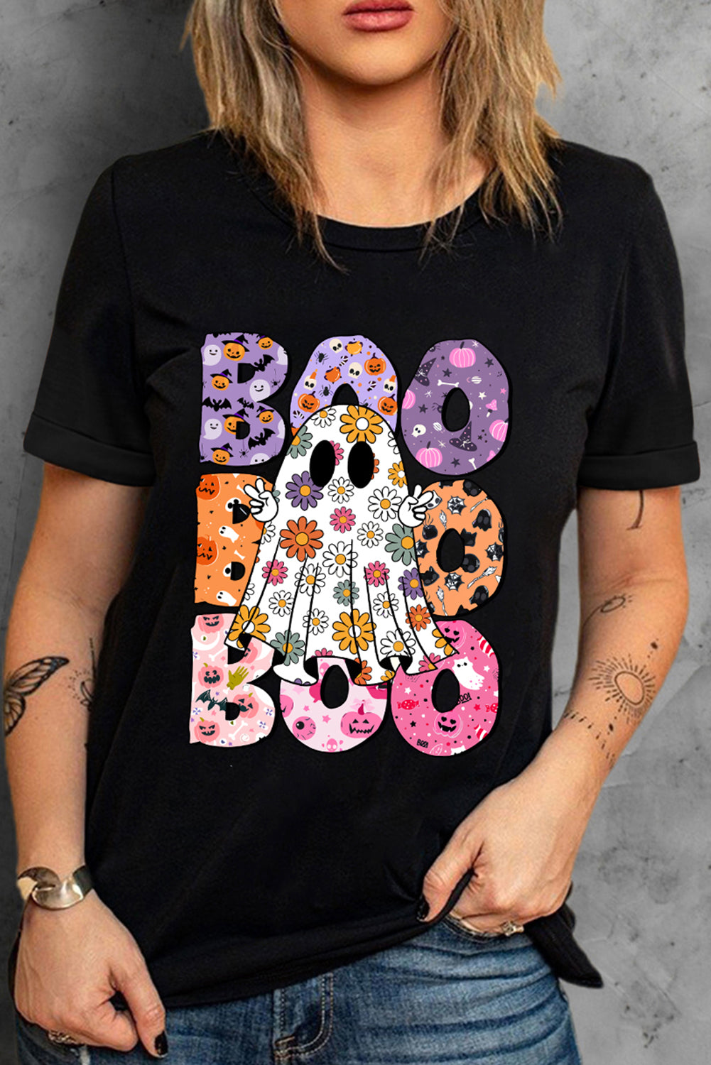 Black BOO Floral Ghost Print Crew Neck Halloween T Shirt